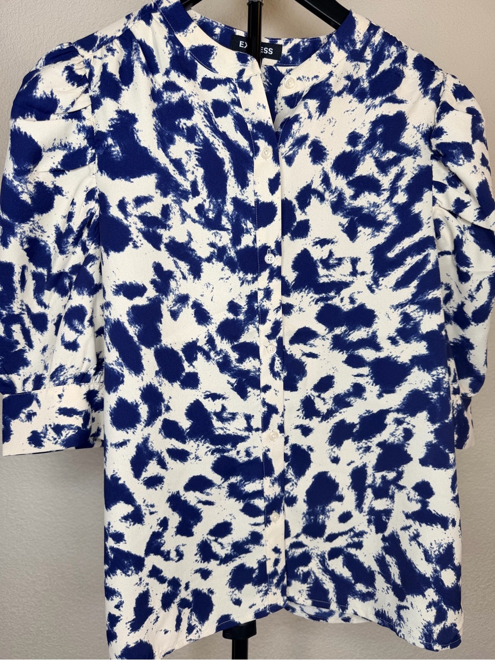 Express White and Royal Blue Abstract Print Button-Up Top